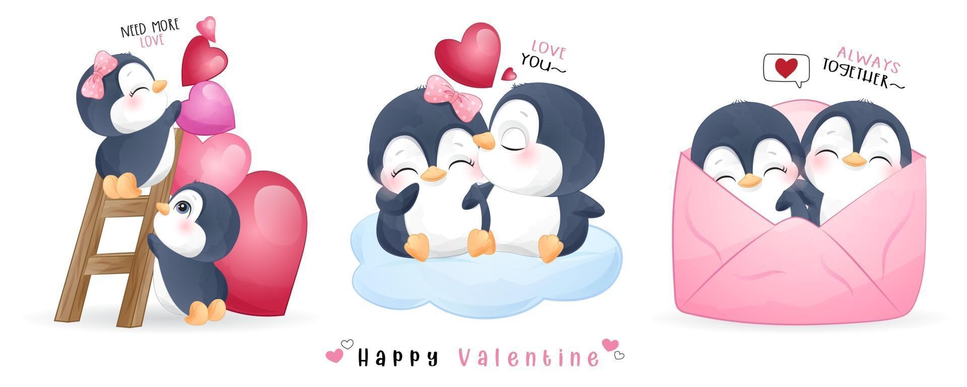 lindo pingüino doodle para la colección del día de san valentín vector