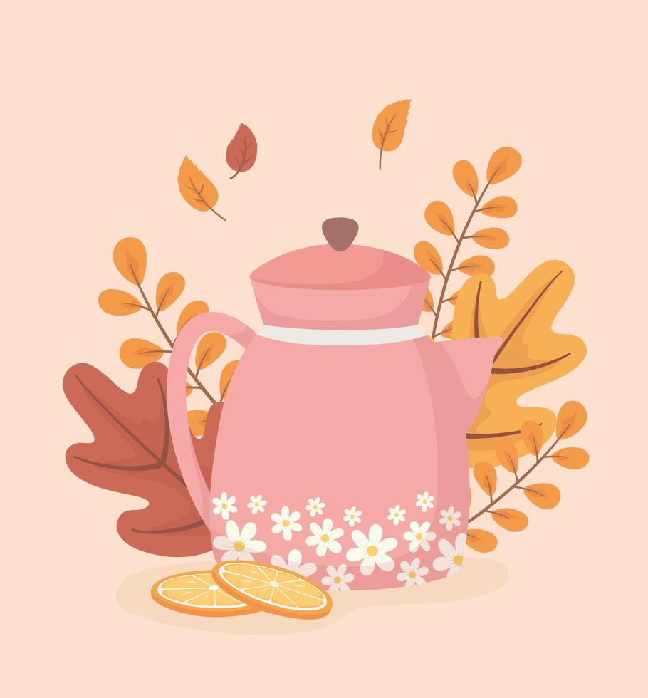 coffee time design with pot and autumn leaves decoration vector