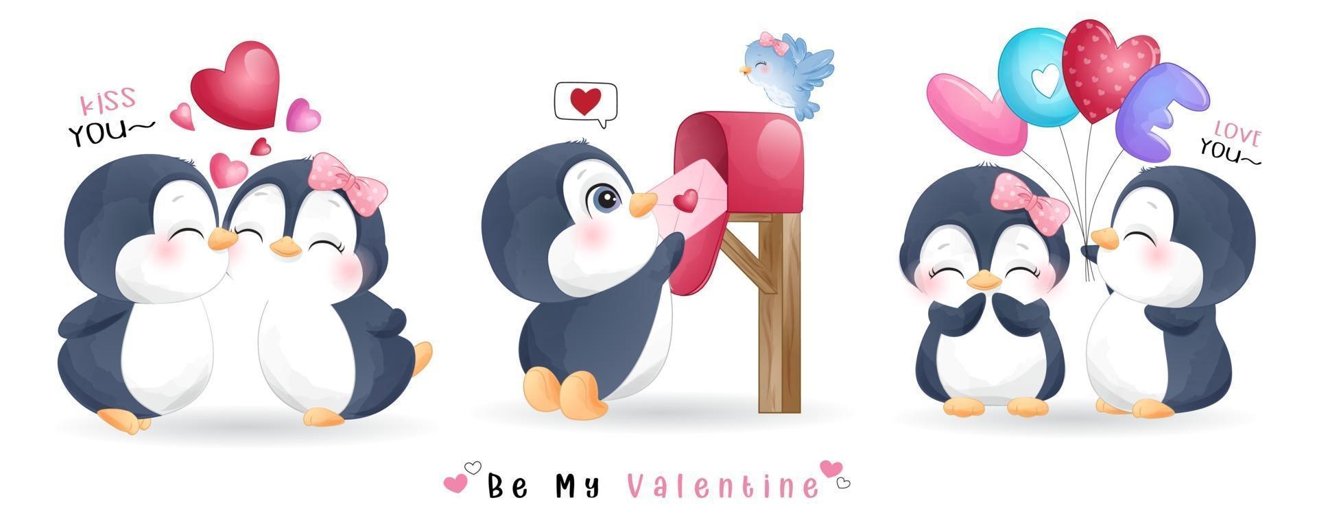 lindo pingüino doodle para la colección del día de san valentín vector