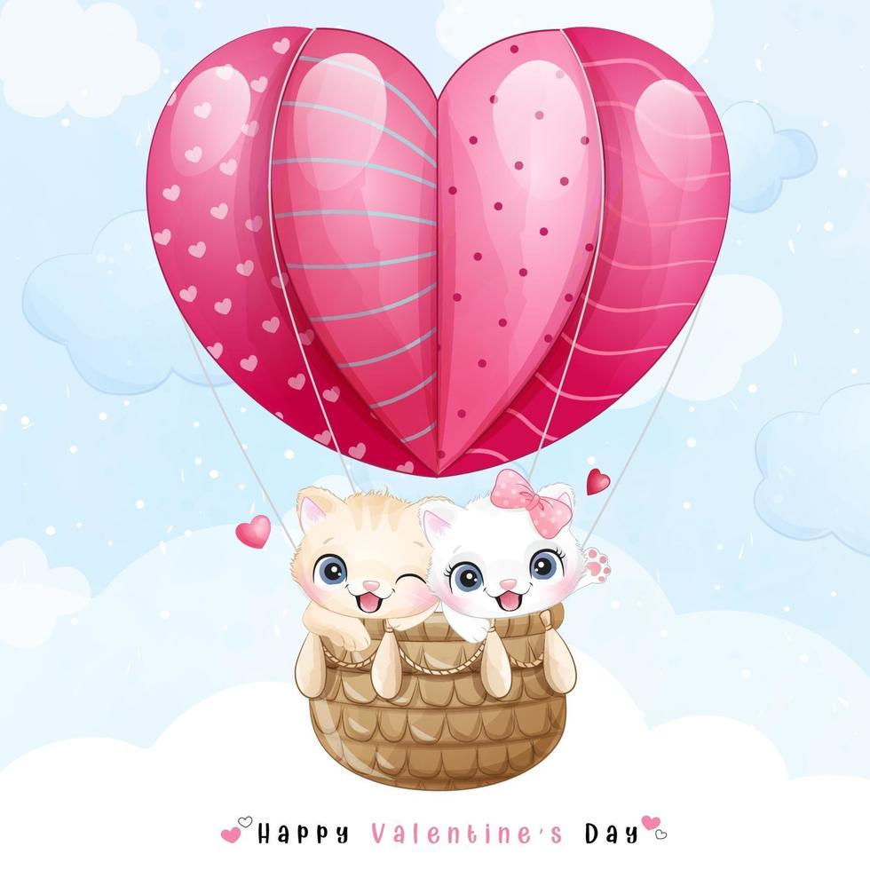 Cute doodle kitty flying with air balloon for valentines day vector