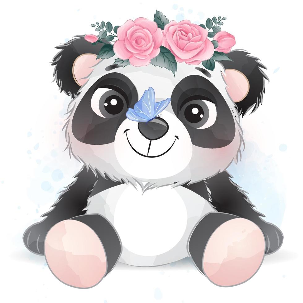 lindo pequeño panda con ilustración acuarela vector