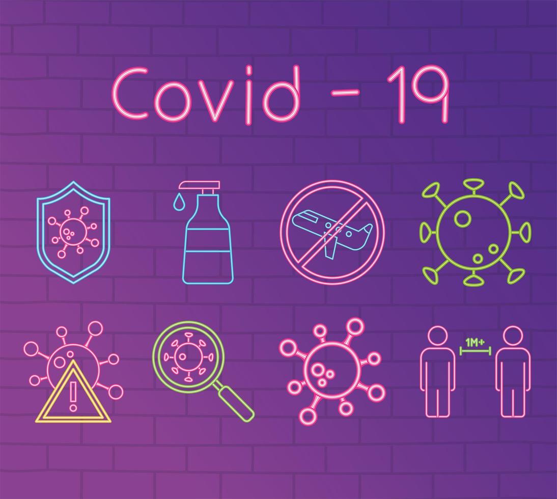 Neon light with coronavirus prevention icon set vector