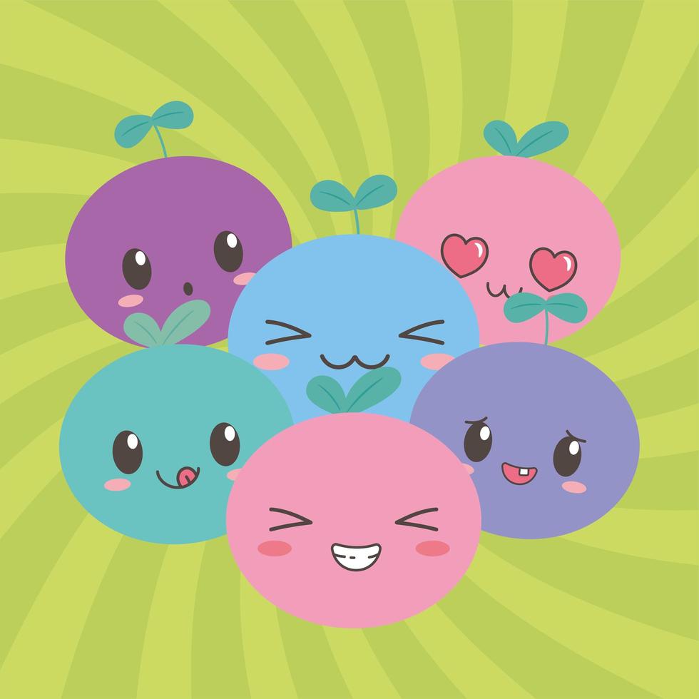 dibujos animados de frutas kawaii con diferentes expresiones de caras vector