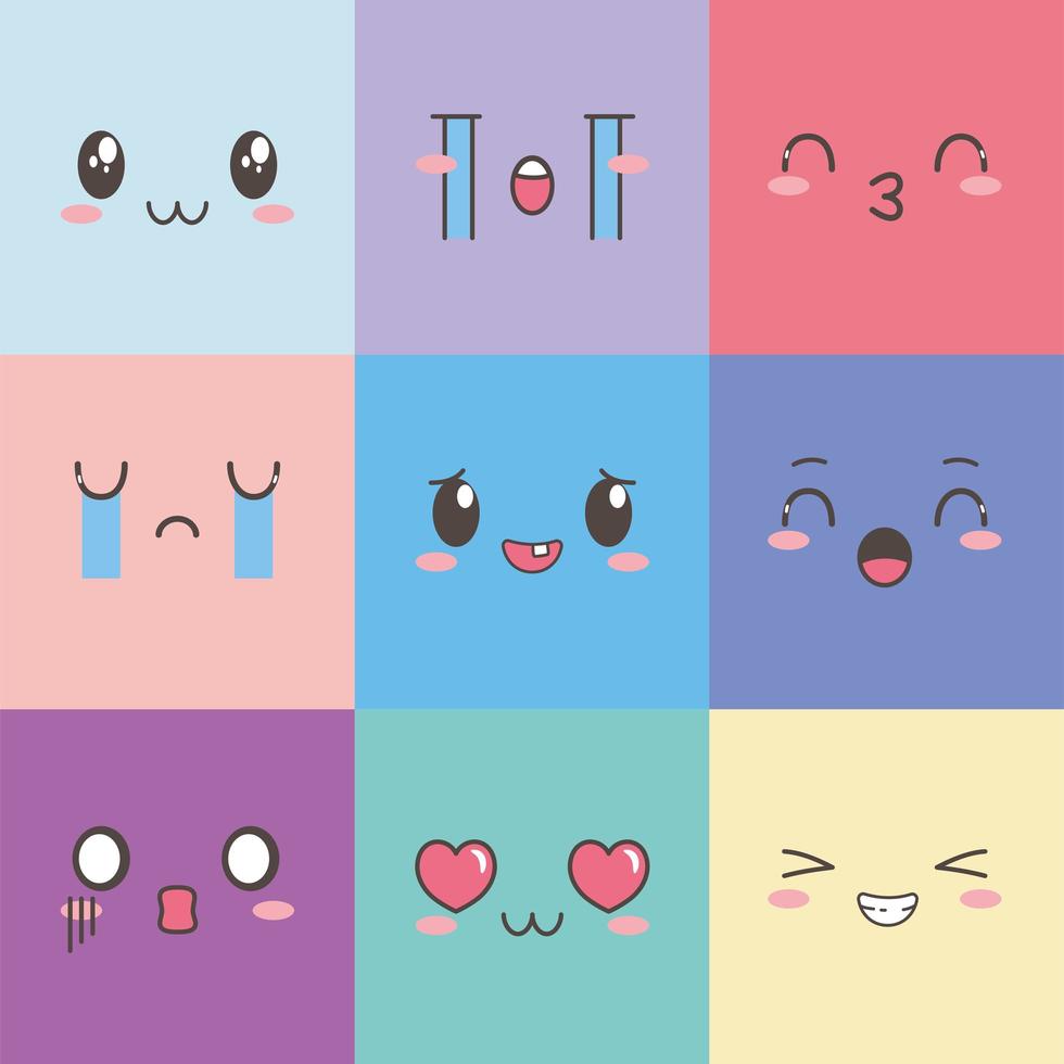 kawaii different faces expressions vector