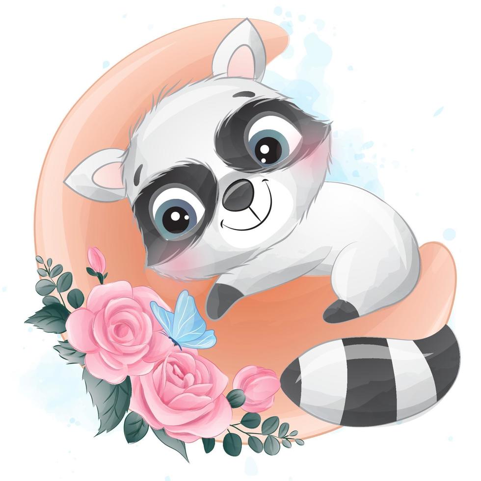 Cute little raccoon with watercolor illustration vector