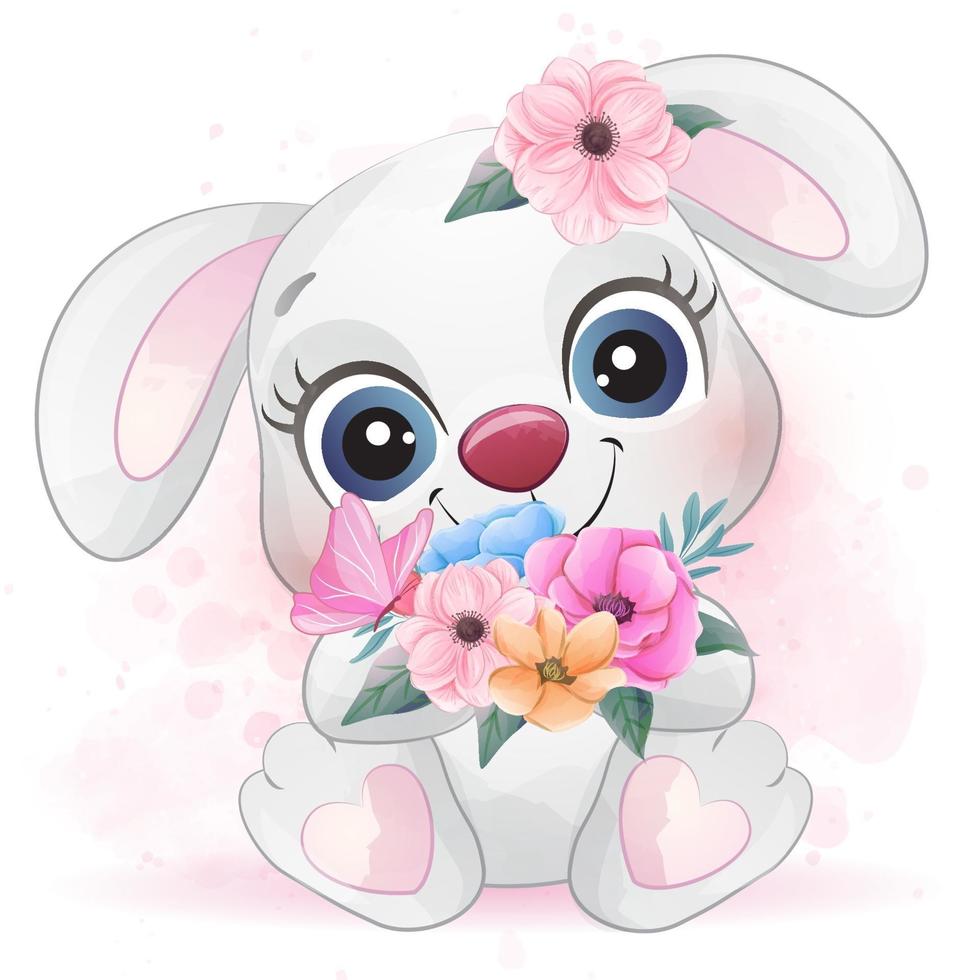 Cute little bunny with watercolor illustration vector