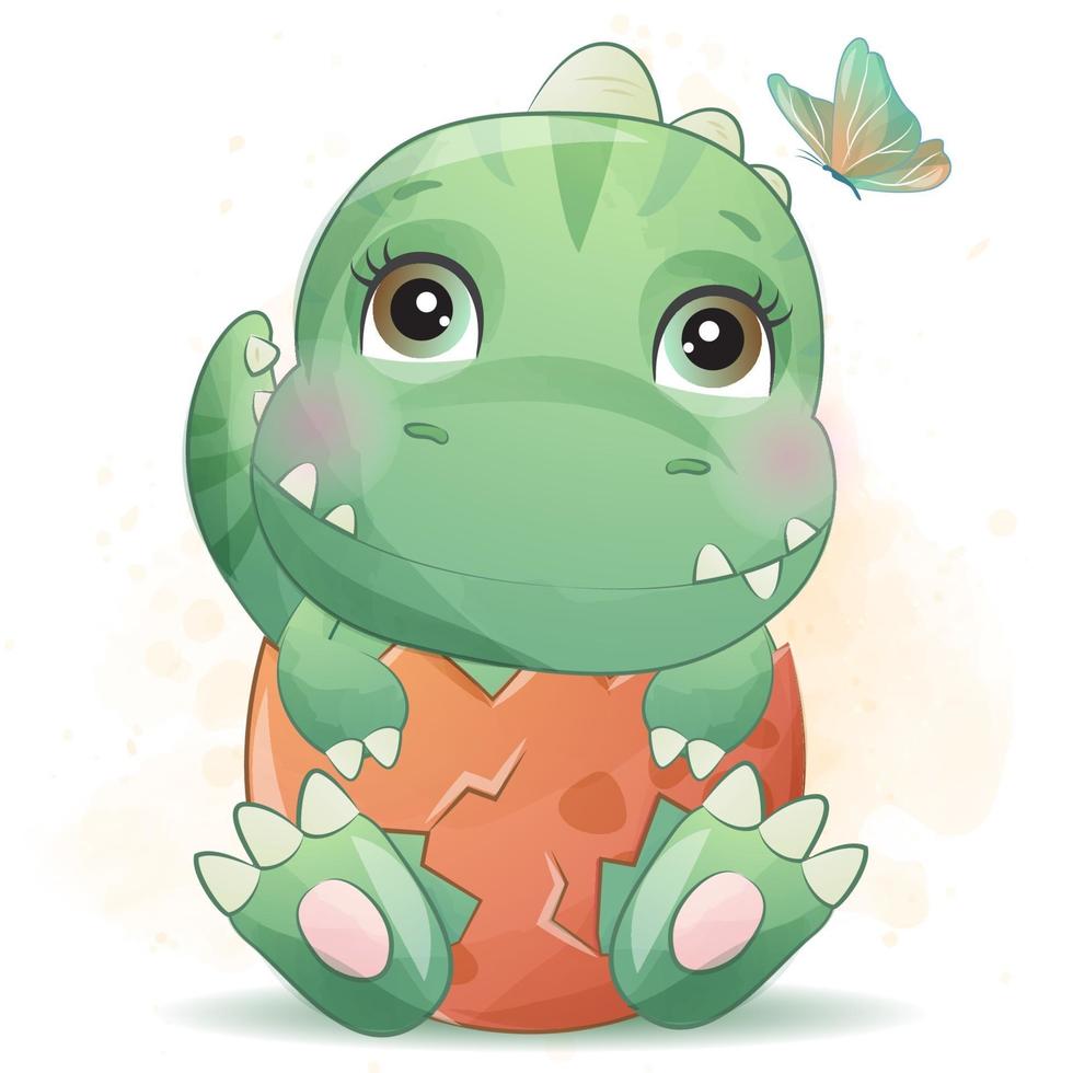 pequeño dinosaurio lindo con ilustración de acuarela vector