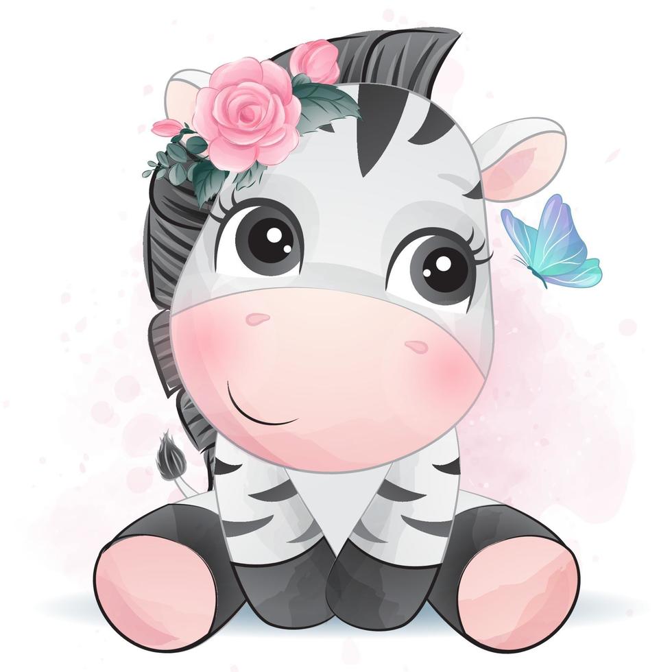 Cute little zebra with watercolor illustration vector