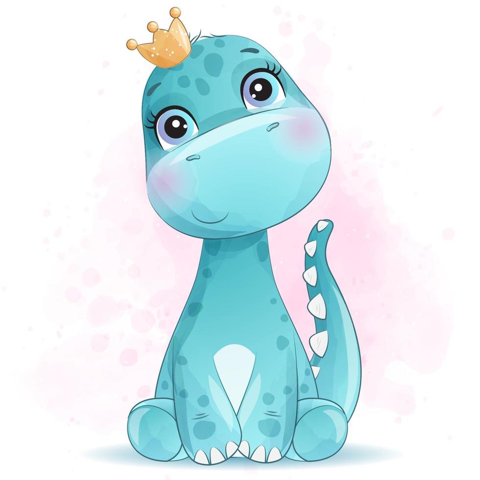 Cute little dinosaur with watercolor illustration vector