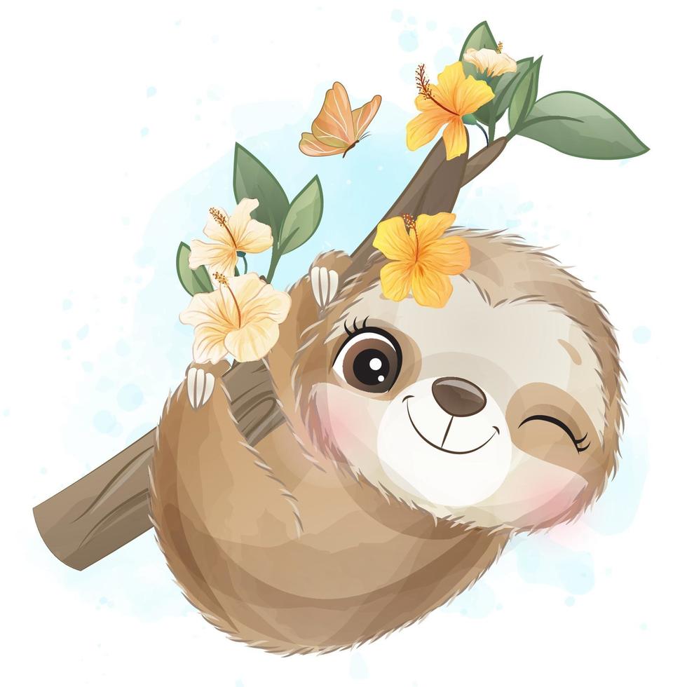 Cute little sloth with watercolor illustration vector