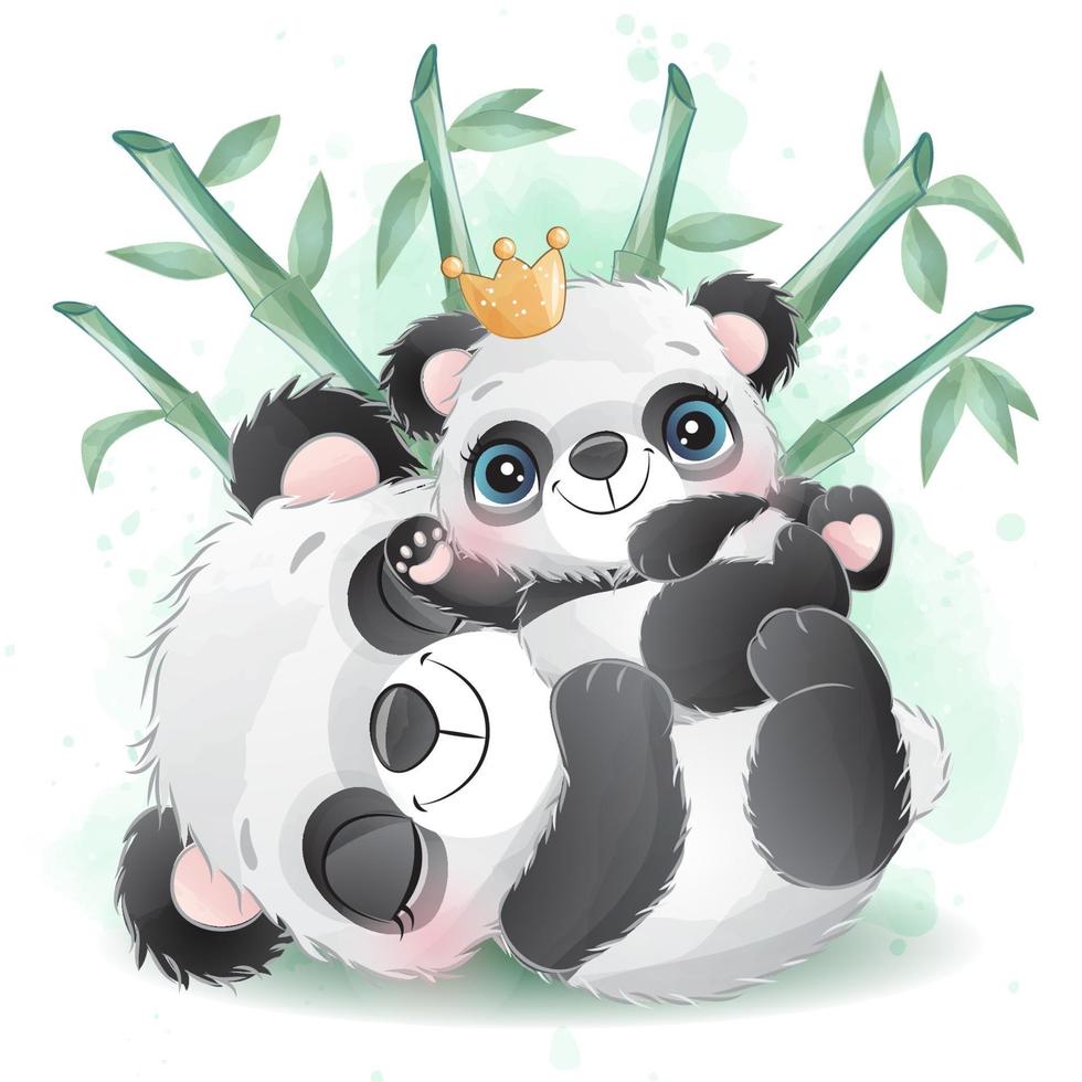 Cute little panda with watercolor illustration vector