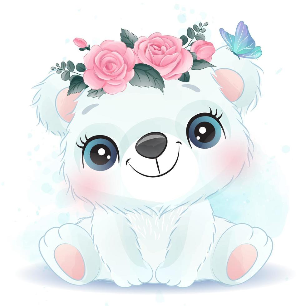 Cute little polar bear with watercolor illustration vector