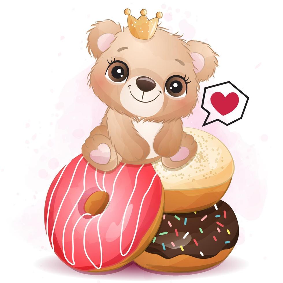 Cute little bear sitting in the donuts illustration vector