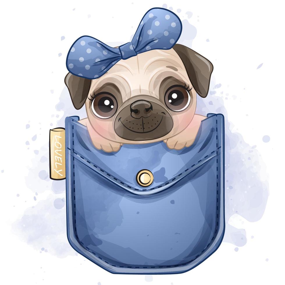 lindo pequeño pug con ilustración acuarela vector