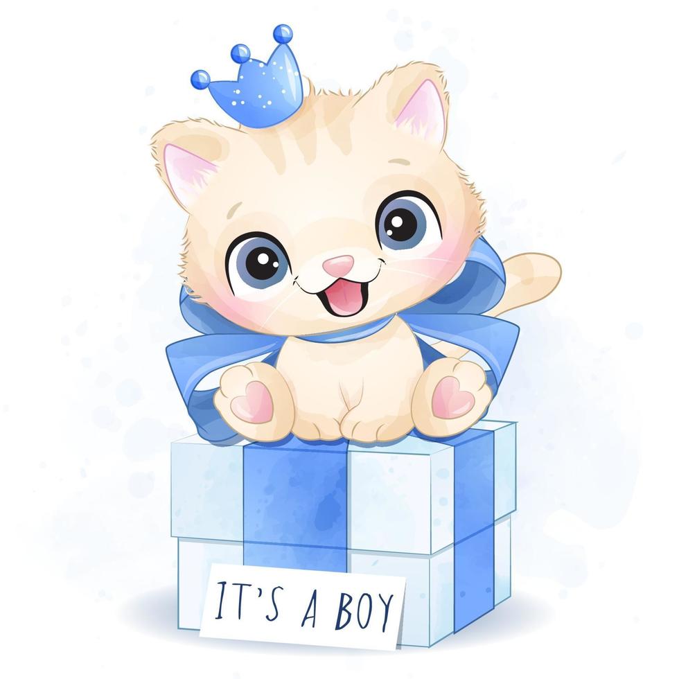 Cute little kitty boy sitting in the gift box illustration vector