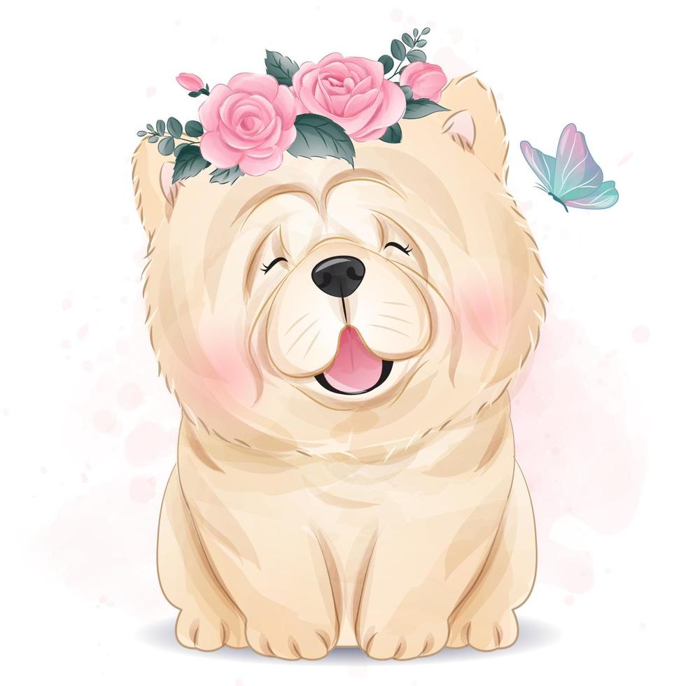 lindo perrito con ilustración floral vector