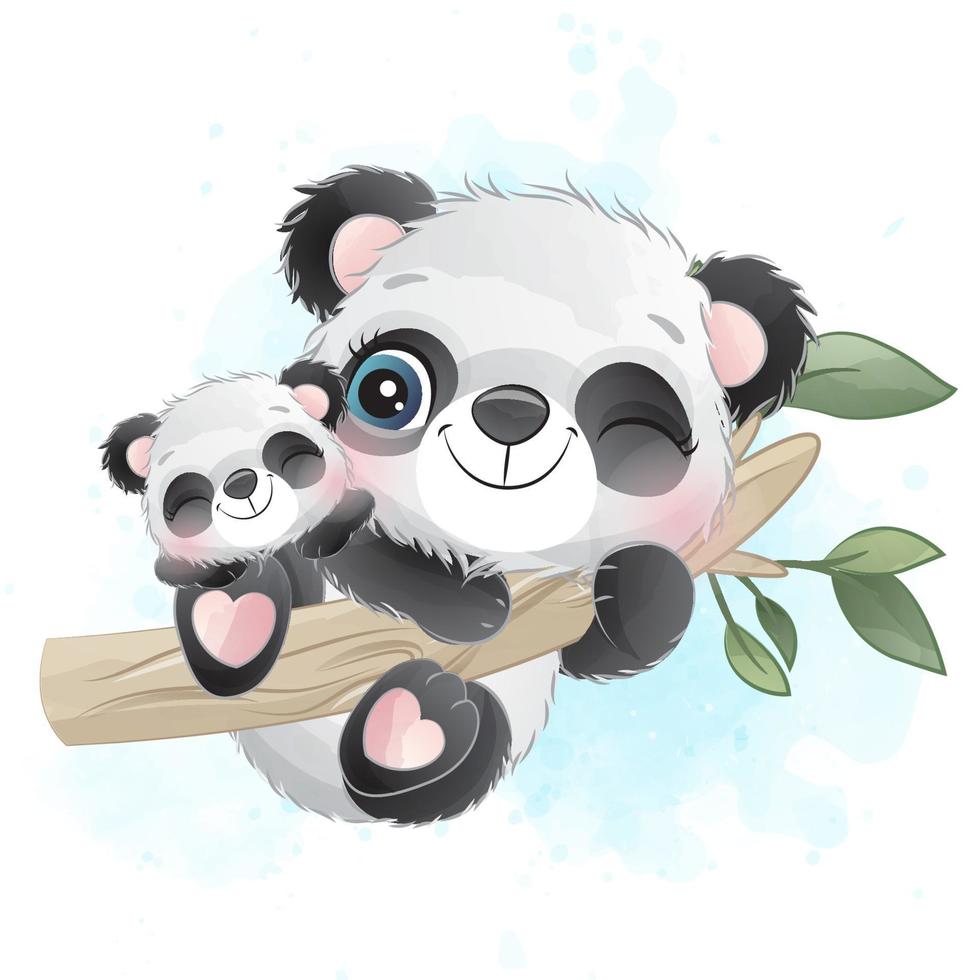 Cute little panda with watercolor illustration vector