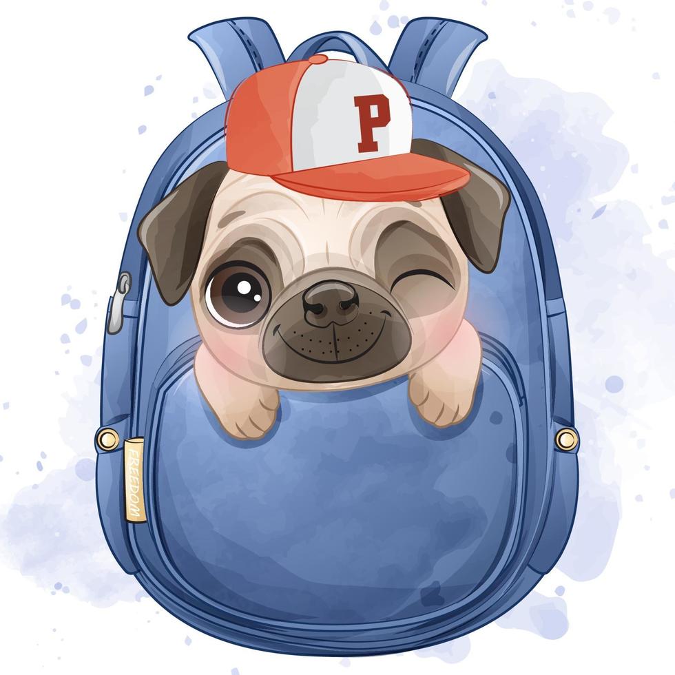 lindo pequeño pug con ilustración acuarela vector