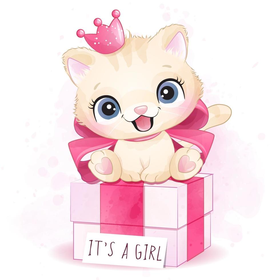 Cute little kitty girl sitting in the gift box illustration vector