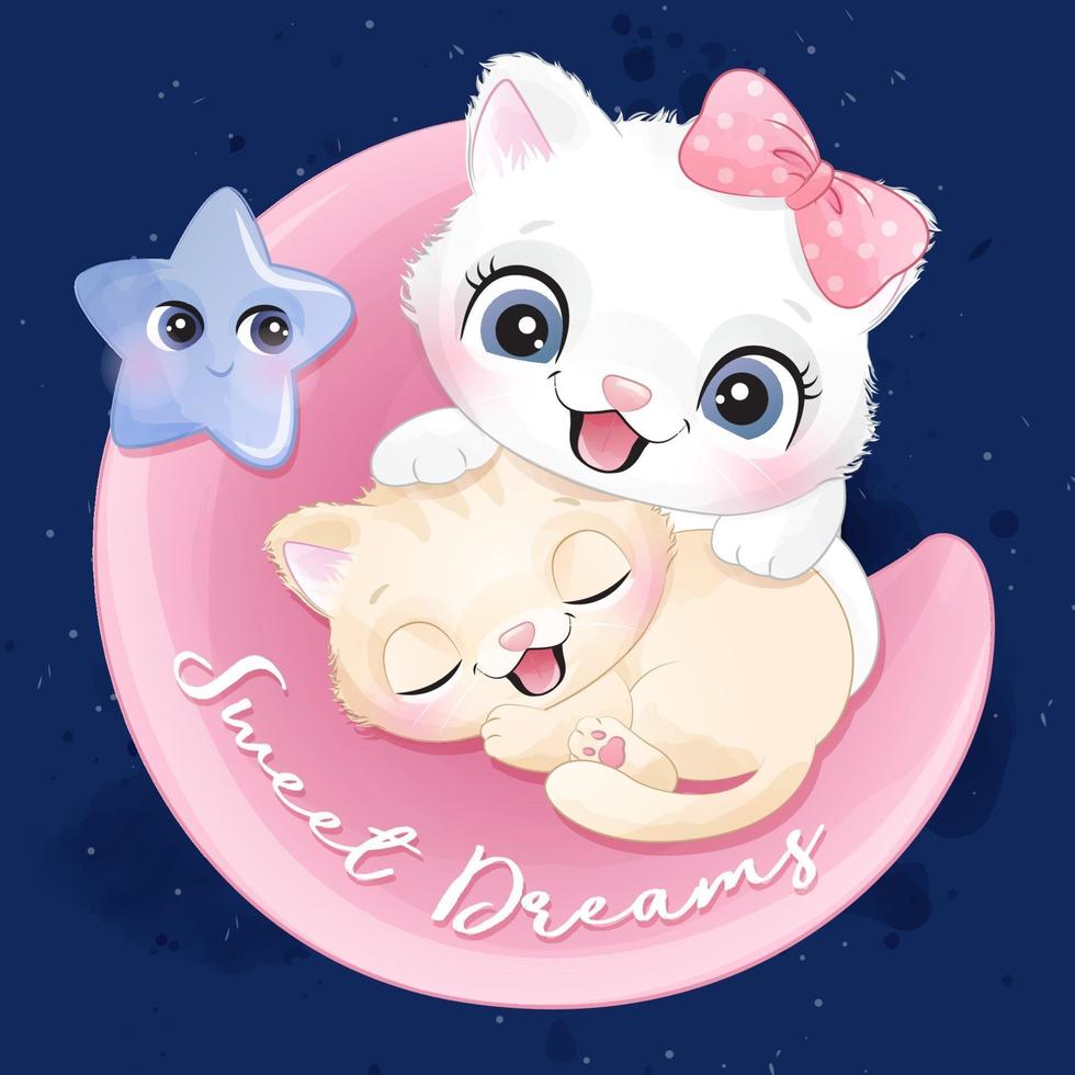 lindo gatito durmiendo en una ilustración de luna vector