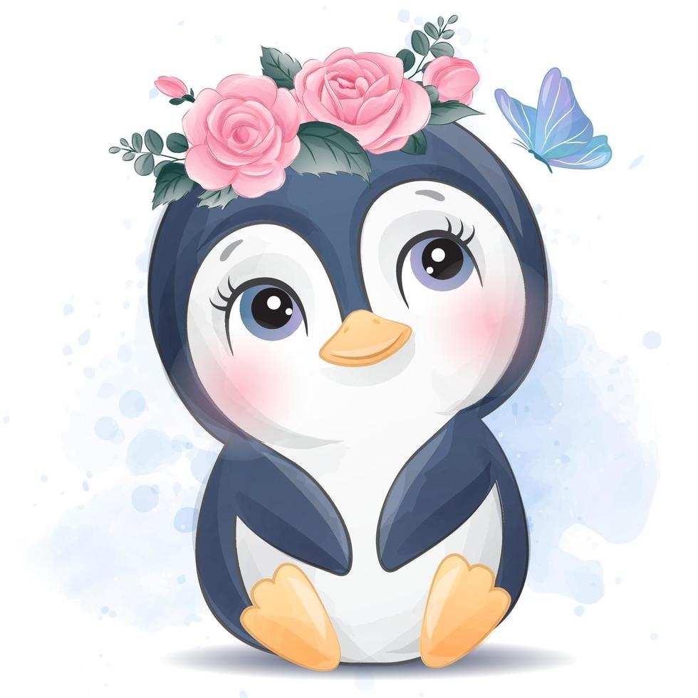Cute little penguin with watercolor illustration vector
