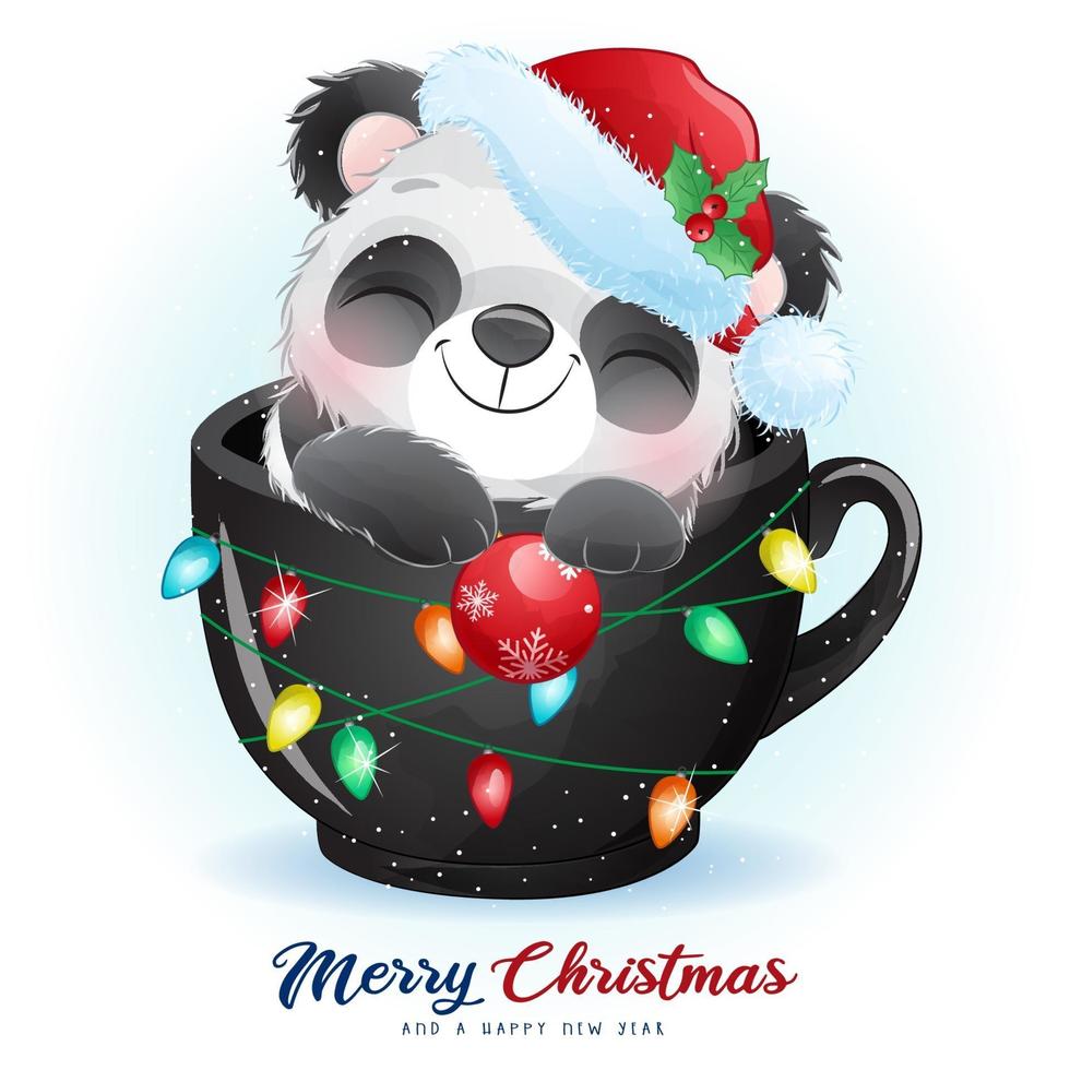 lindo panda doodle para el día de navidad con ilustración de acuarela vector