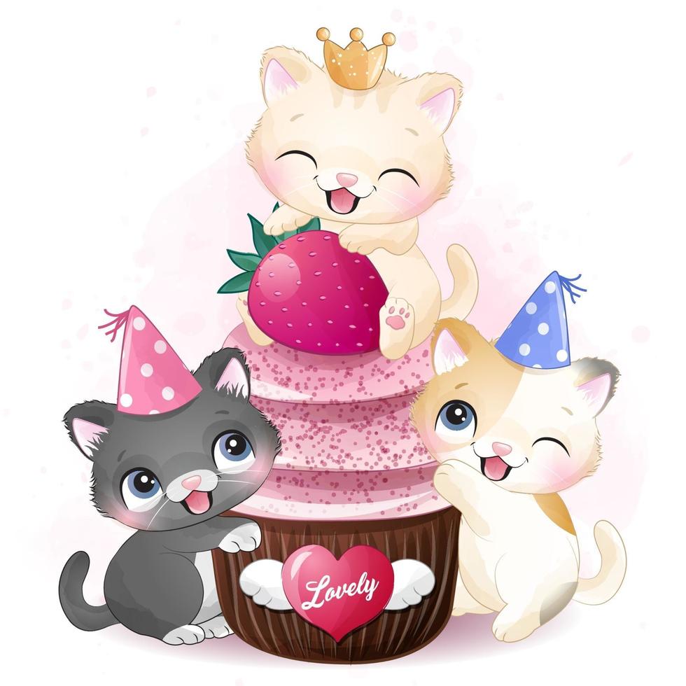 lindo gatito con ilustración de cupcake vector
