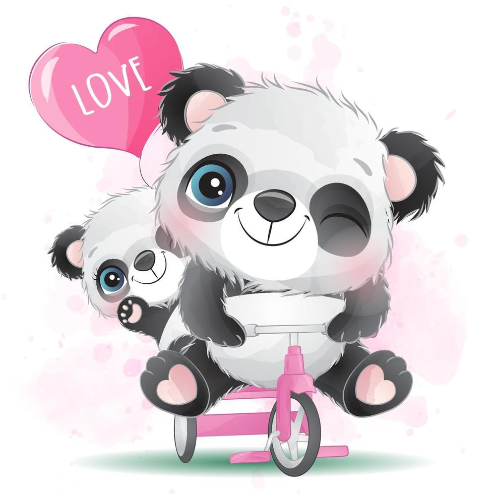 lindo pequeño panda con ilustración acuarela vector