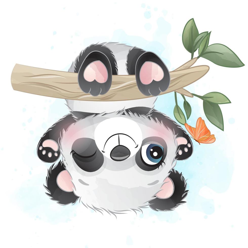 lindo pequeño panda con ilustración acuarela vector