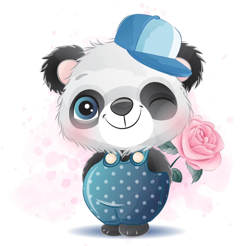 Cute little panda with watercolor illustration vector