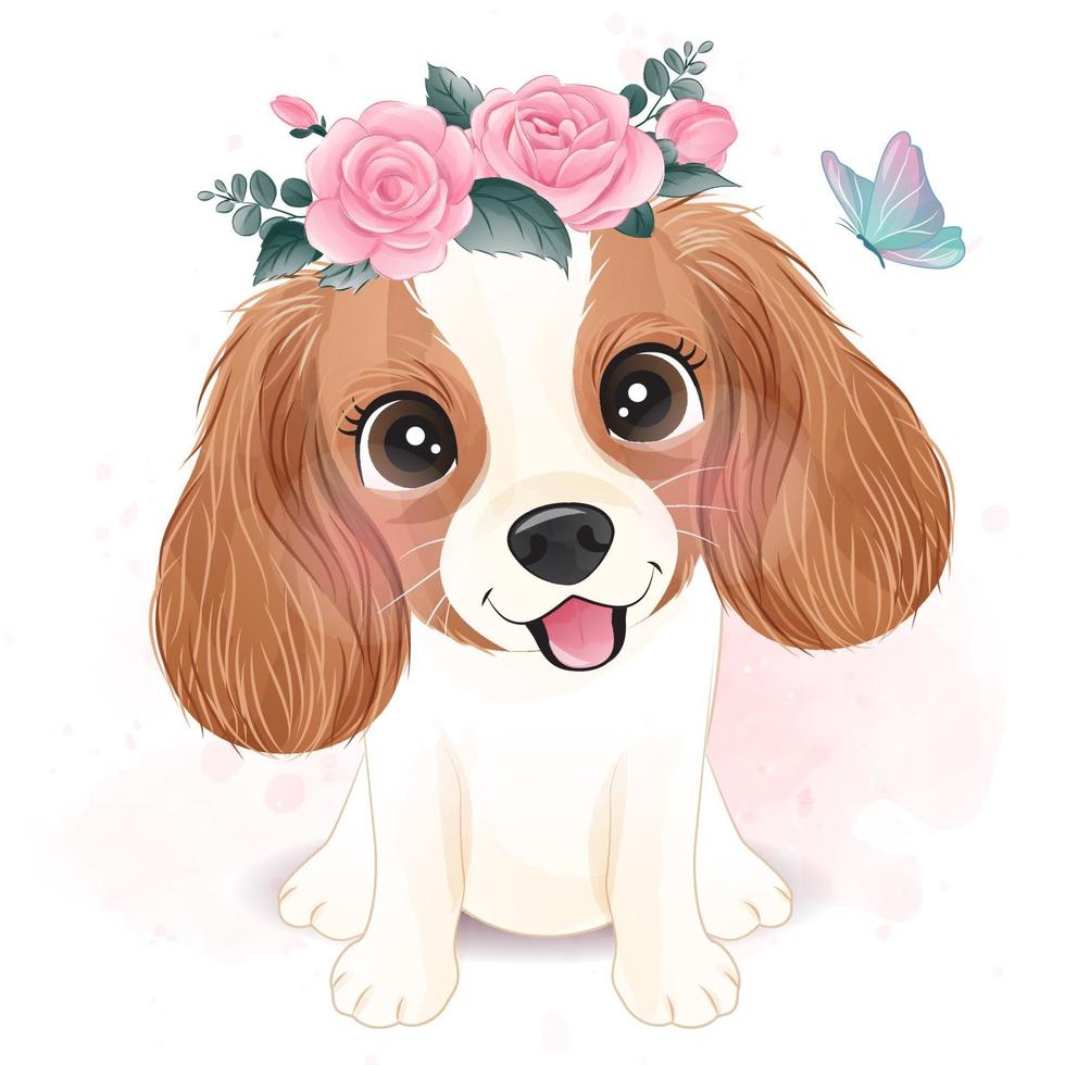 Cute little Cavalier King Charles with floral illustration vector