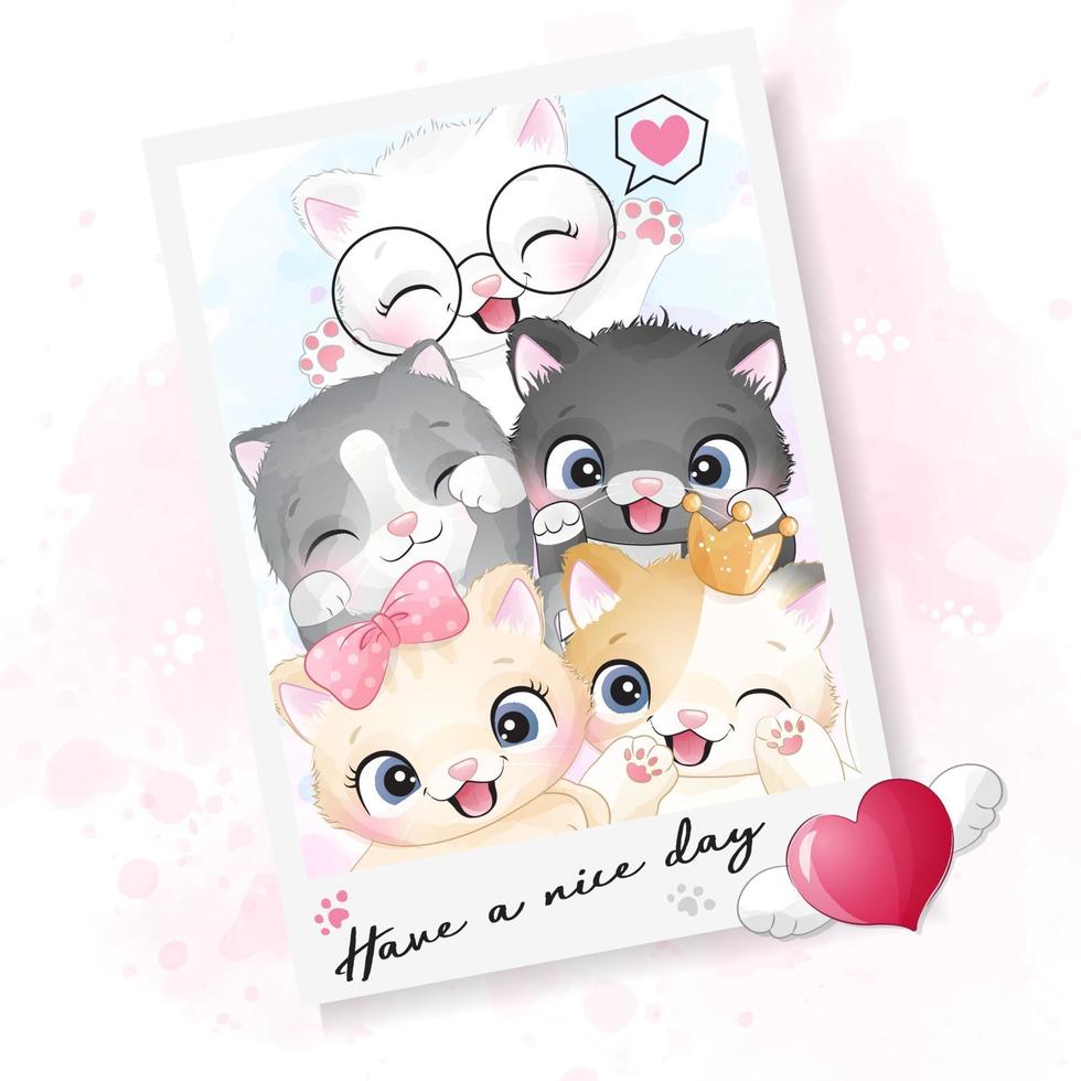 Cute little kitty photo with watercolor illustration vector