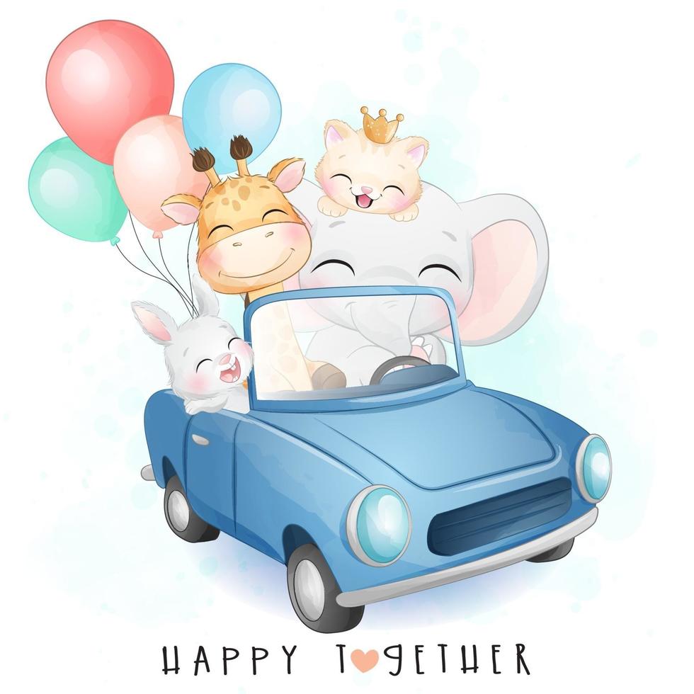 Cute little animals driving a car with watercolor illustration vector