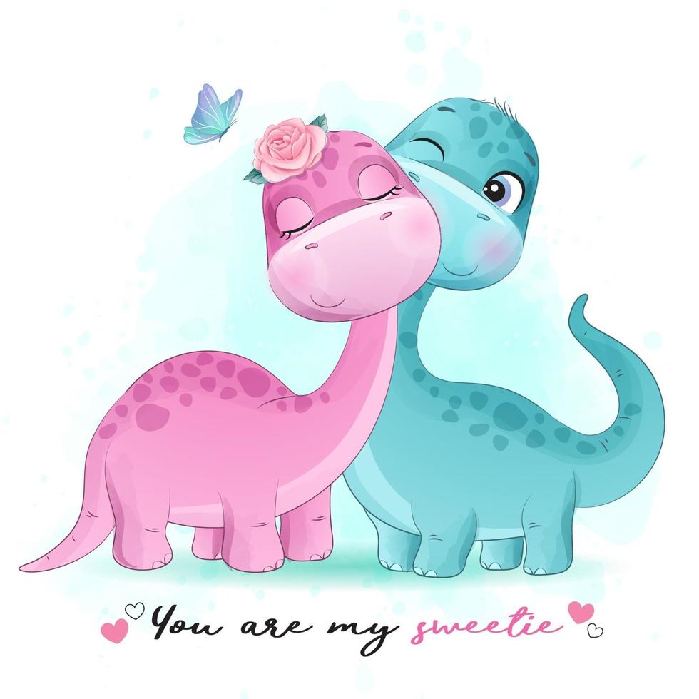 Cute little dinosaur with watercolor illustration vector