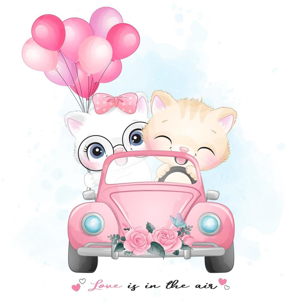 Cute little kitty driving a car with watercolor illustration vector