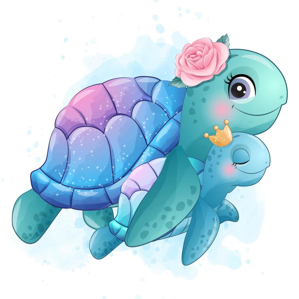 Cute little sea turtle mother and baby illustration vector