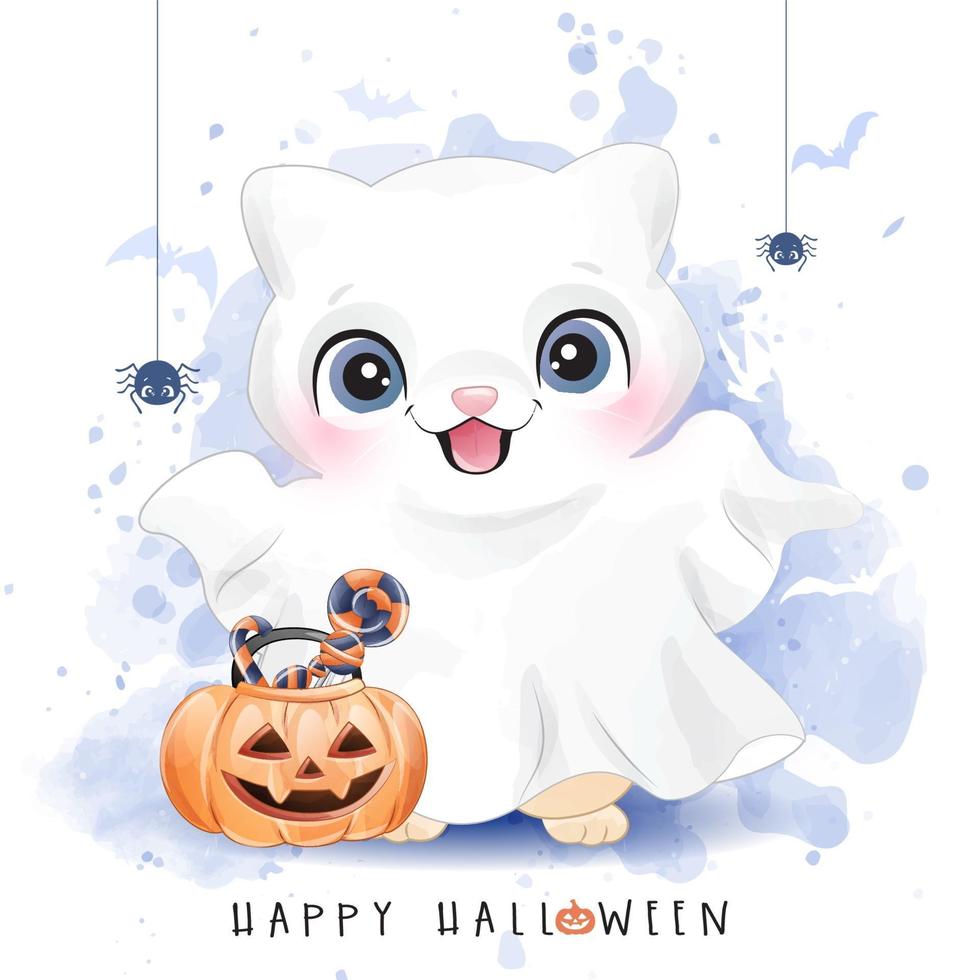 lindo gatito para el día de halloween con ilustración acuarela vector