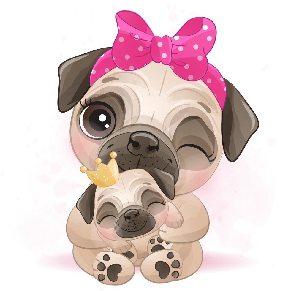 Cute little pug with watercolor illustration vector