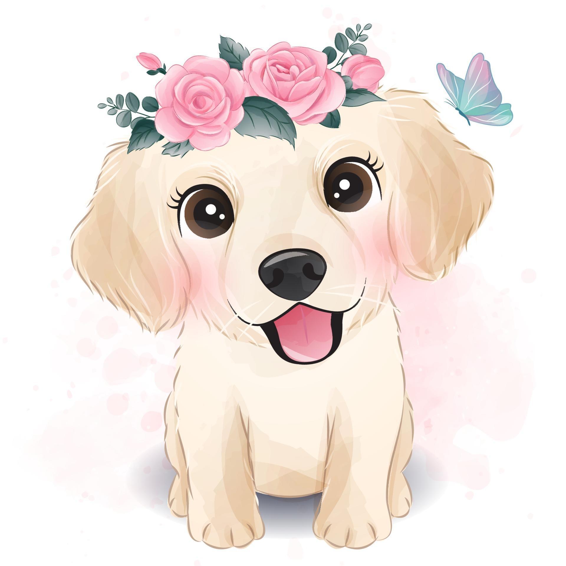 Cute little Golden Retriever with floral illustration 2063818 Vector