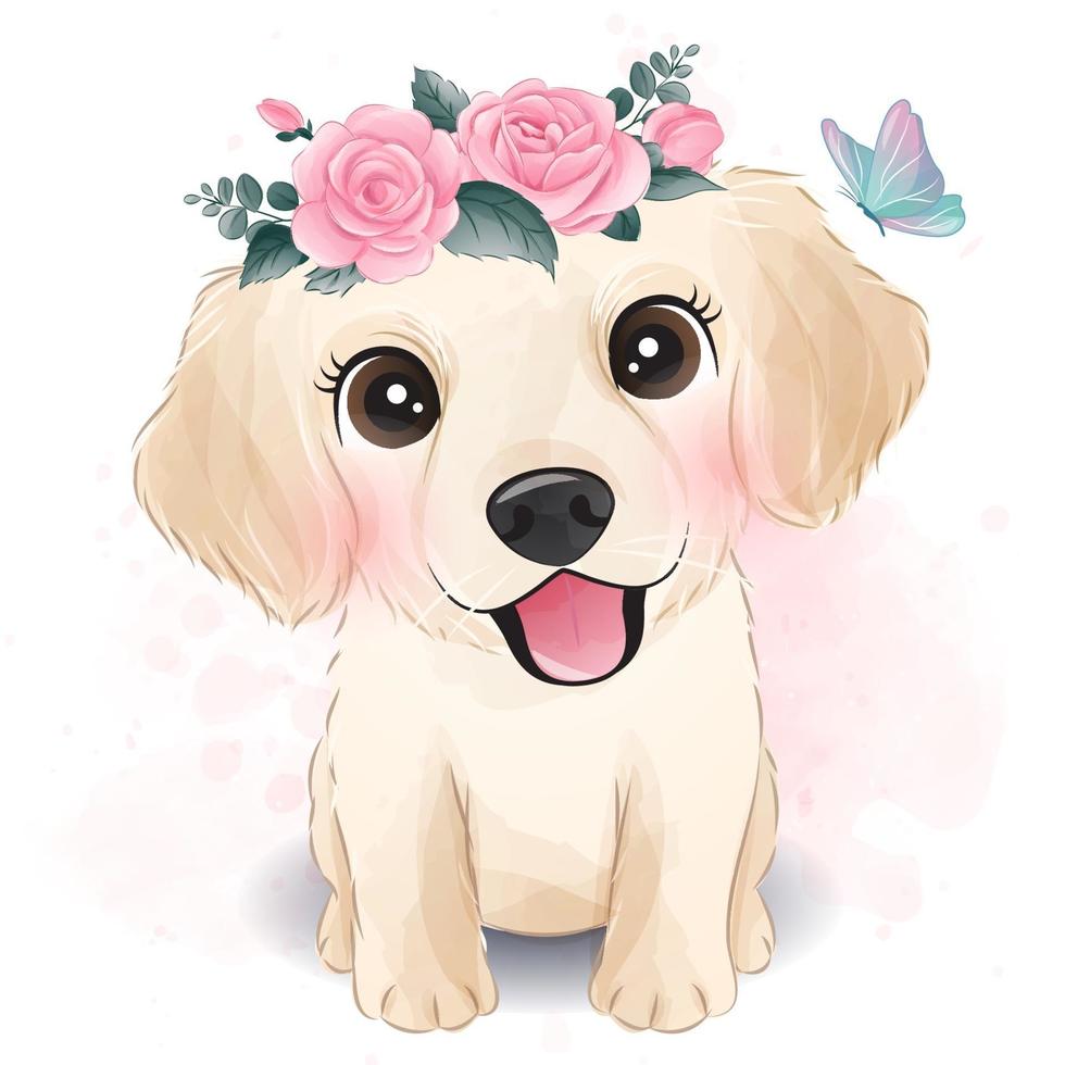 lindo pequeño golden retriever con ilustración floral vector