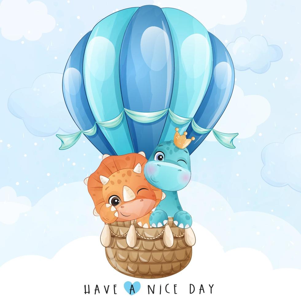 Cute little giraffe and dinosaur flying with air balloon illustration vector