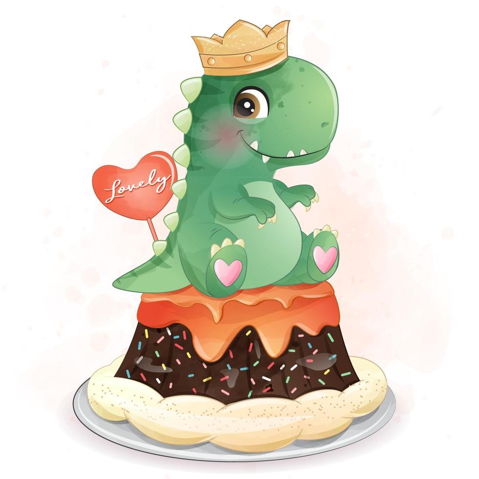 lindo dinosaurio sentado en la ilustración de la torta vector