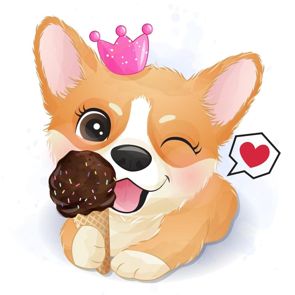 Cute Little Corgi Eating Ice Cream With Watercolor 2063832 Vector Art At Vecteezy