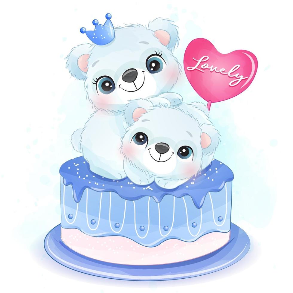 Cute two little polar bear sitting in the cake illustration vector