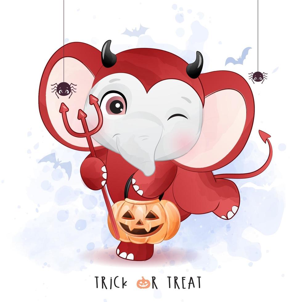 Cute little elephant for halloween day with watercolor illustration vector