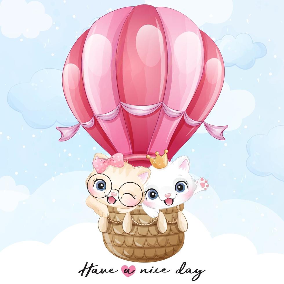 Cute little kitty flying with air balloon illustration vector