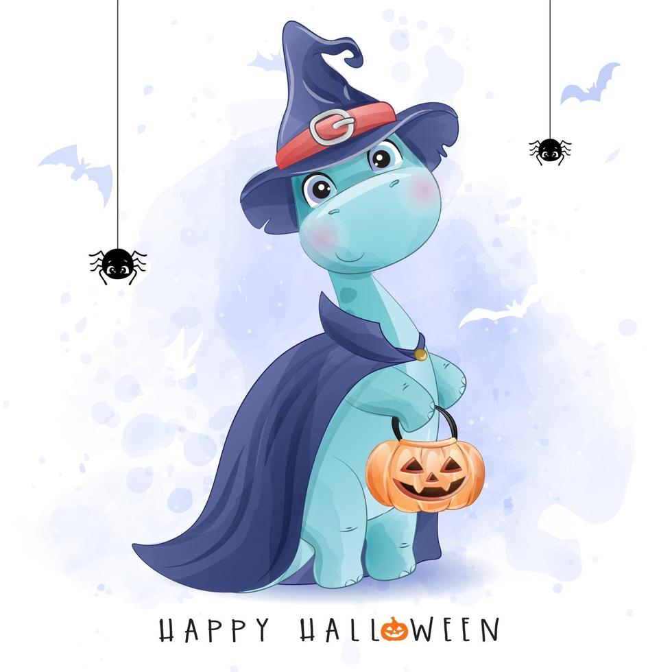 lindo dinosaurio doodle para el día de halloween con ilustración de acuarela vector