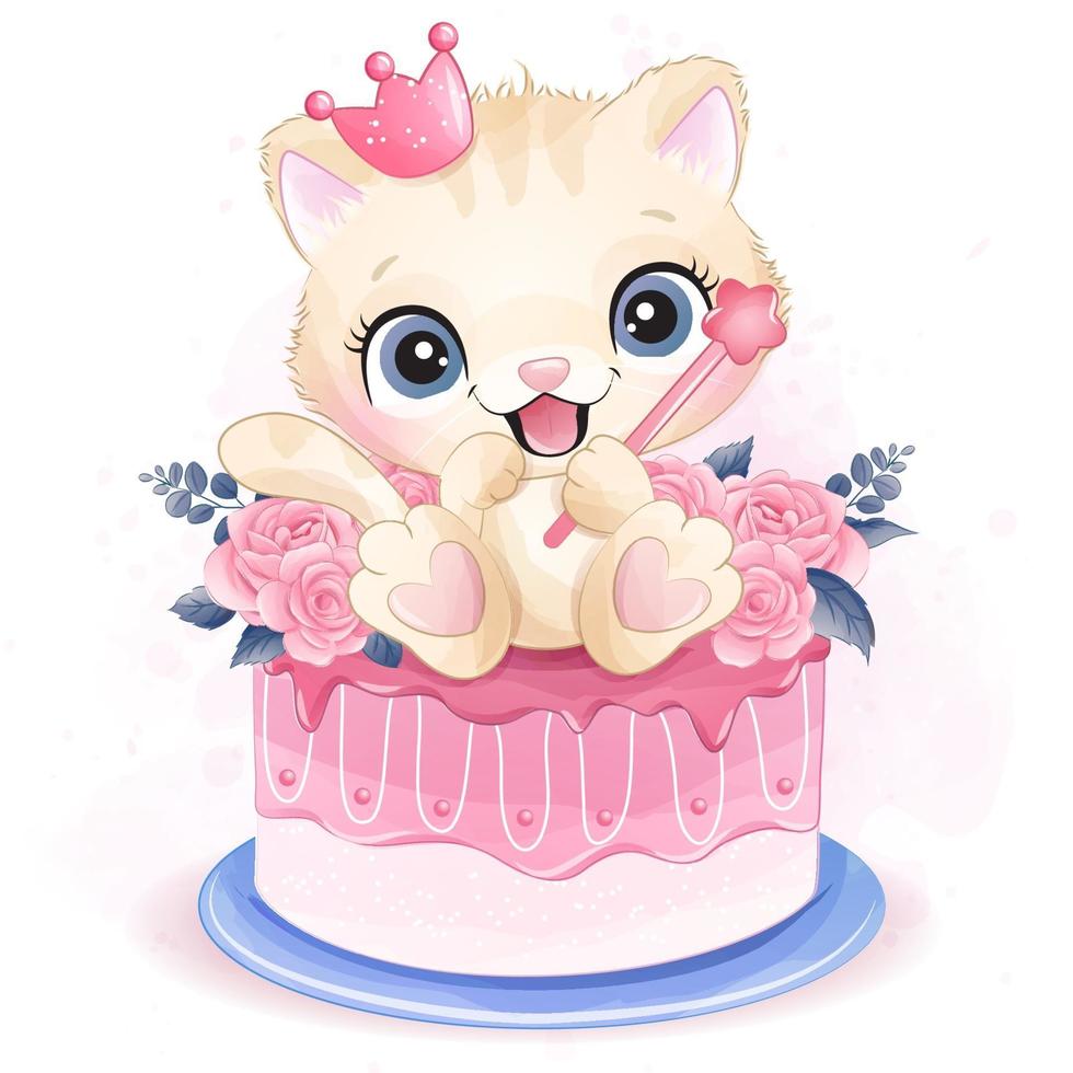 Cute little kitty sitting in the roses cake illustration vector