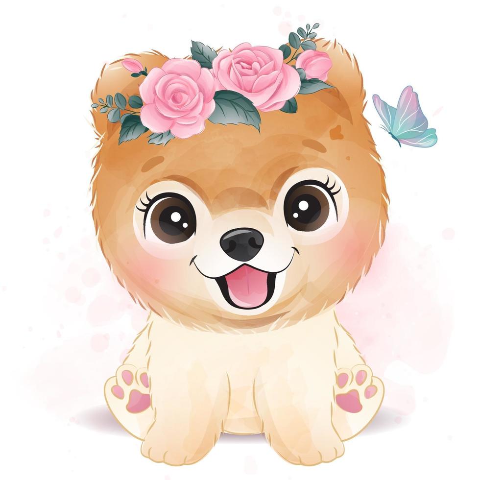 Cute little dog with floral illustration vector