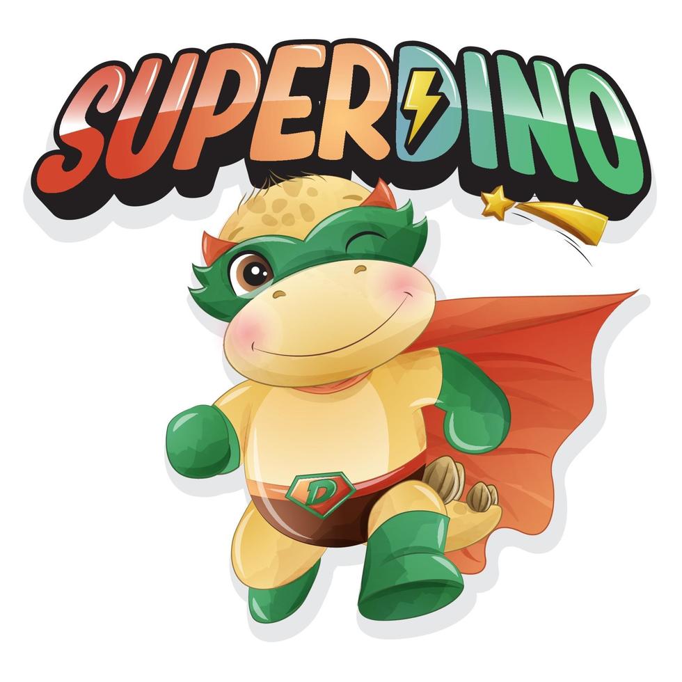 Cute super dinosaur with watercolor illustration vector